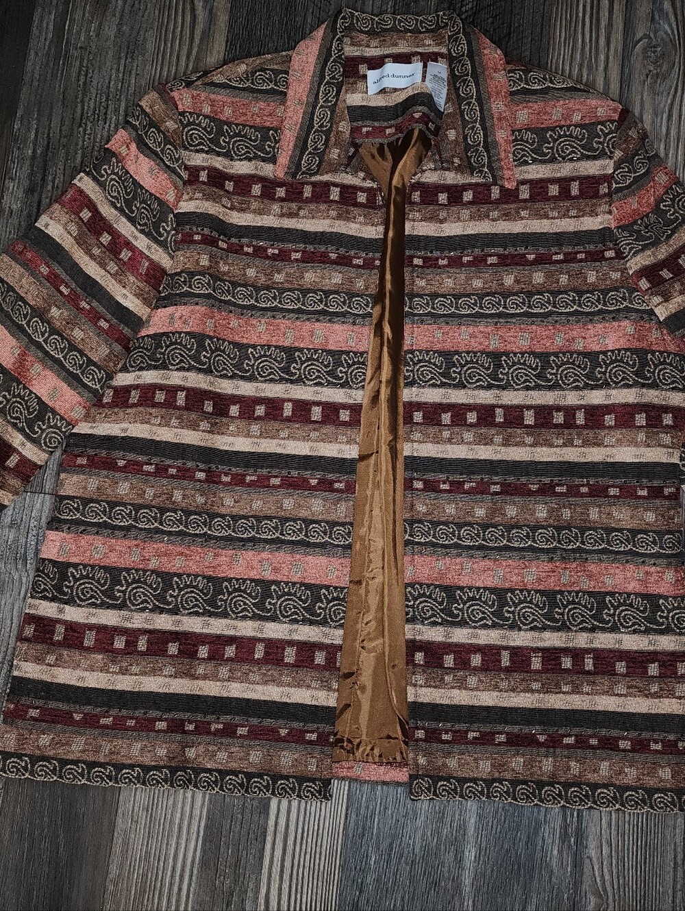 Alfred Dunner Open Jacket Sz 14 Brown Green Burgundy Grandmacore Tapestry Beads